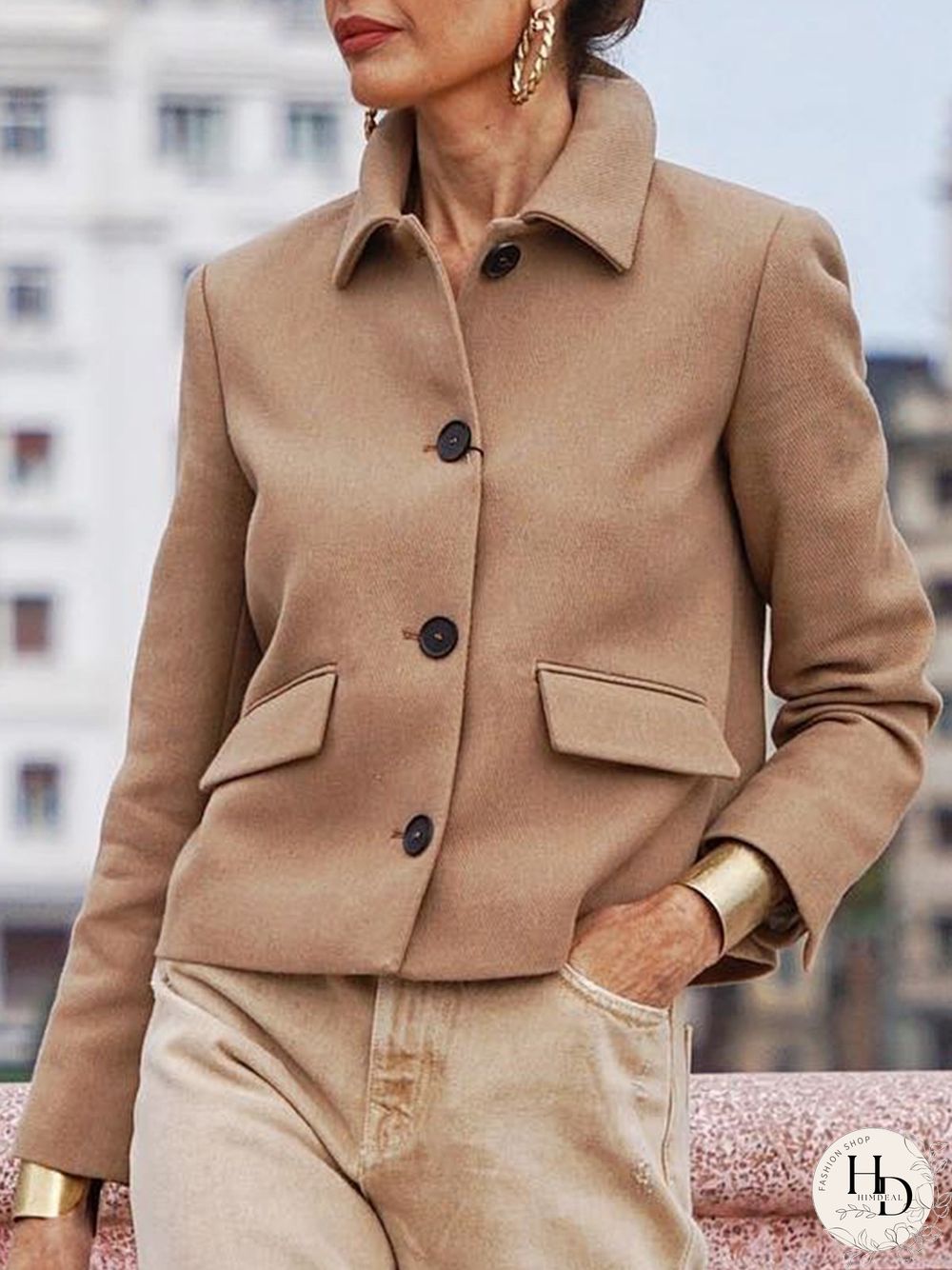 Casual Plain Shawl Collar Woolen Loose Jacket