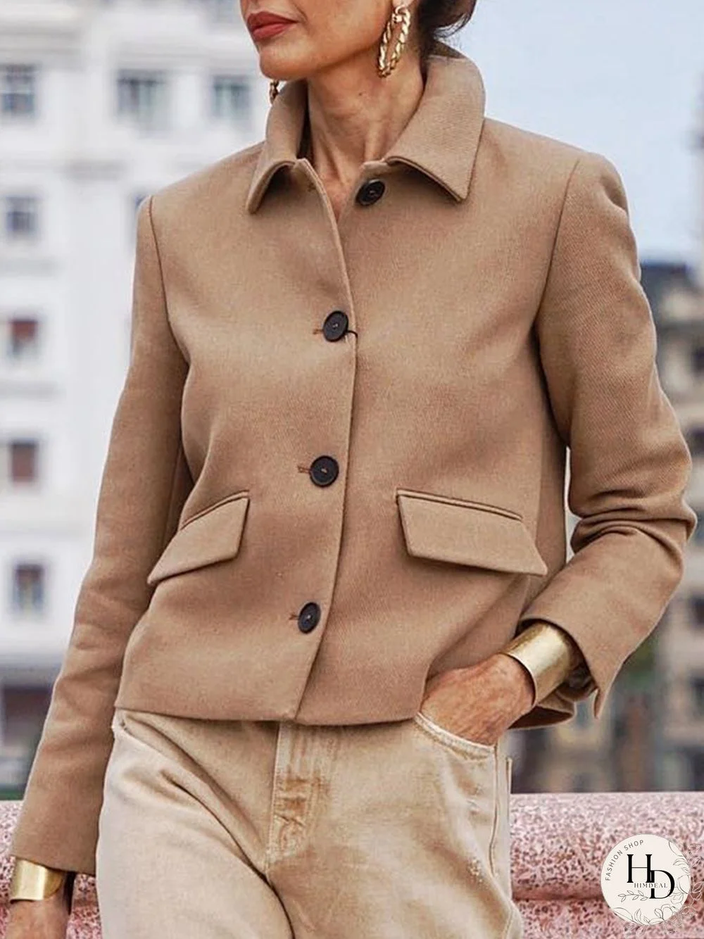 Casual Plain Shawl Collar Woolen Loose Jacket