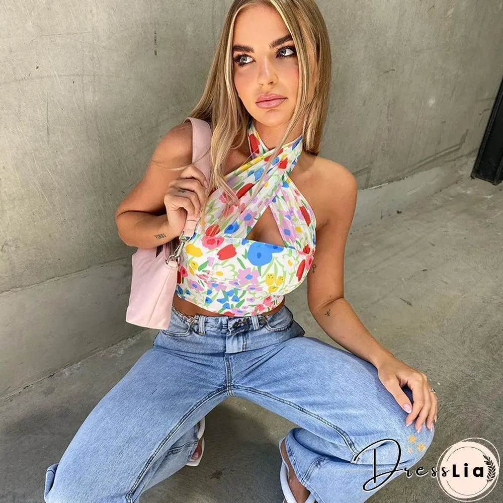 Summer Floral Print Halter Neck Crop Top Women Casual Off Shoulder Backless Mesh Beach Sleeveless Tank Tops Sexy
