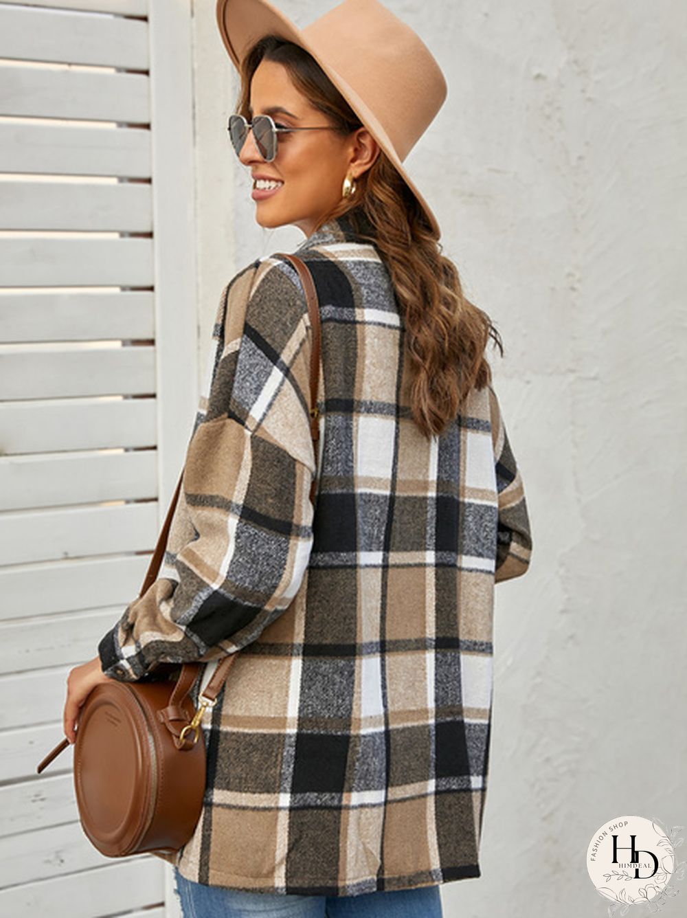 Women Plaid Print Buttoned Shirt Jacket