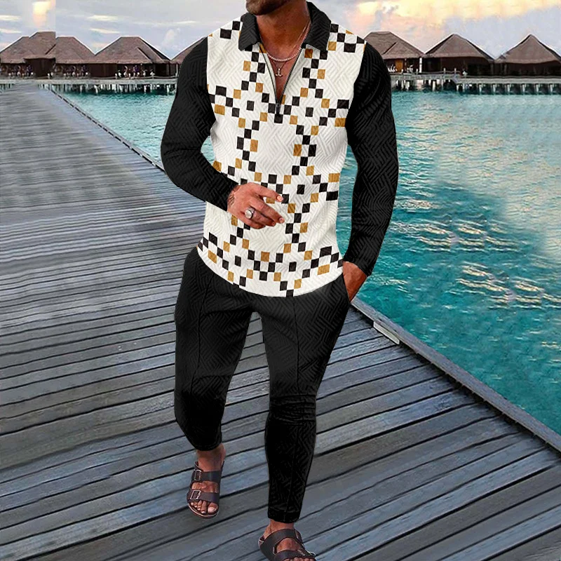 Geometric Mosaic Polo Shirt And Pants Two Piece Set