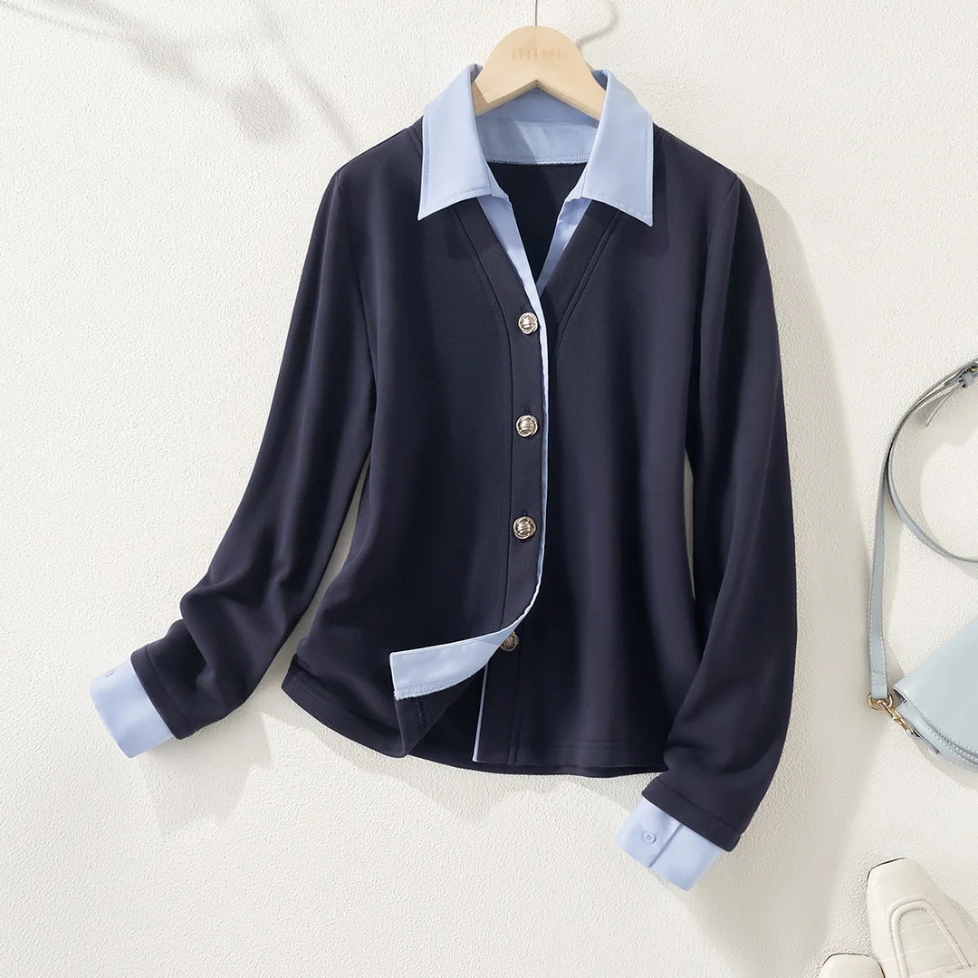 Athvotar Athvotar Two Spliced Polo Collar Shirt Women's Spring Design Sense Of Small Chic Repair Shirt Short Long-Sleeved Top