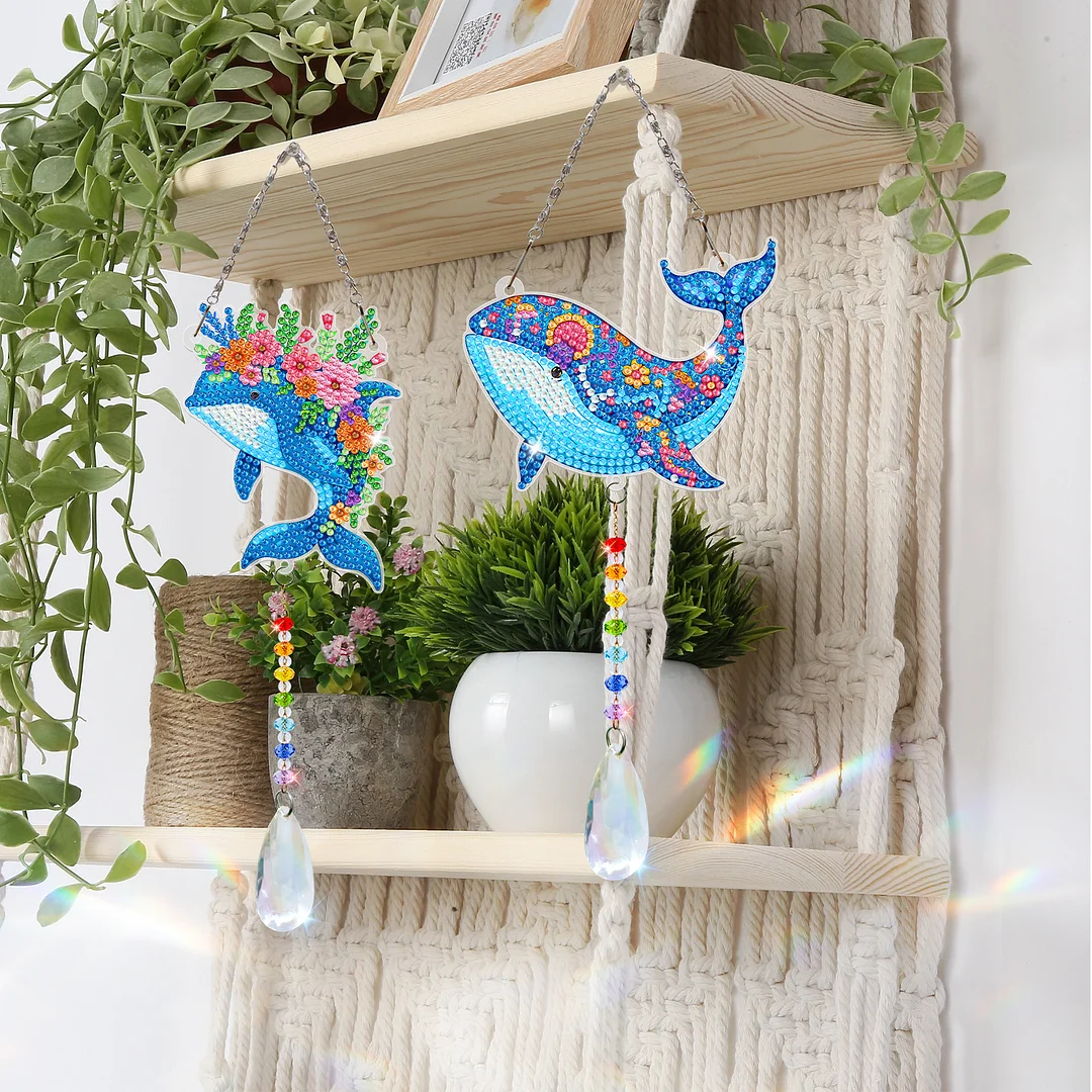 2Pcs Dolphin DIY Double-Sided Diamond Painting Hanging Kits Diamond Painting Suncatcher Craft Kit for Home Garden Wall Decor Gift