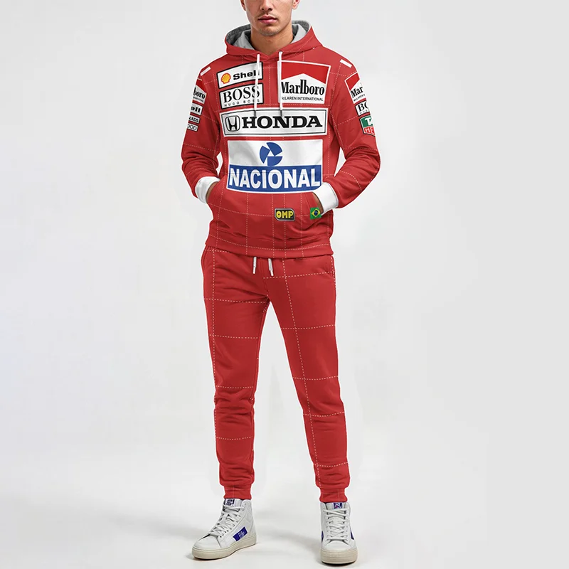 Men's Loose Casual Racing Print Hooded Sweatshirt Suit