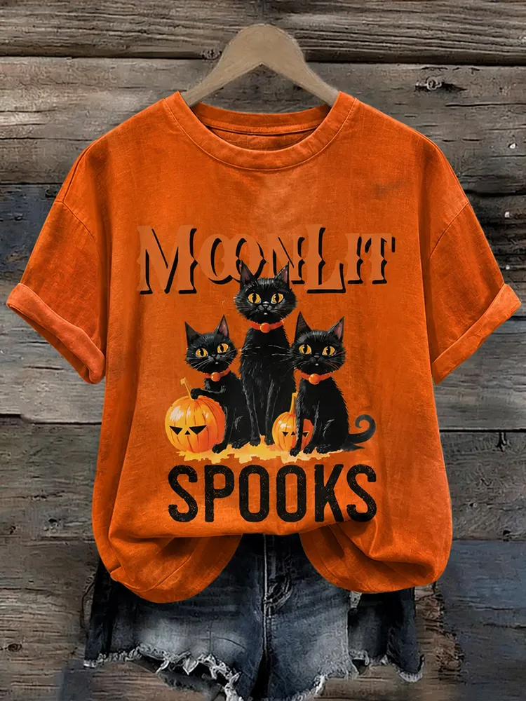 Women's Halloween Three Cats Under Moonlight Print Casual Crewneck Short Sleeve T-shirt