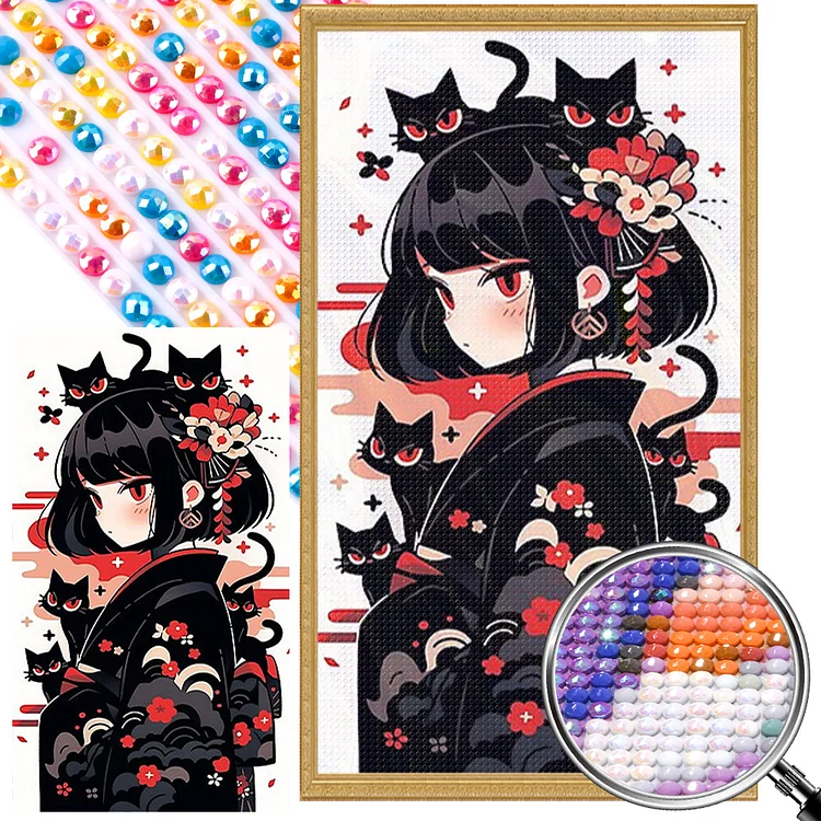Partial AB Drill - Full Round Diamond Painting - Black Cat And Girl 40*70CM