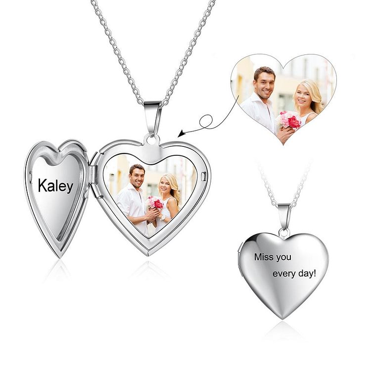 Heart Picture Locket with Engraving Heart Pendant Personalized Necklace with Pictures Inside