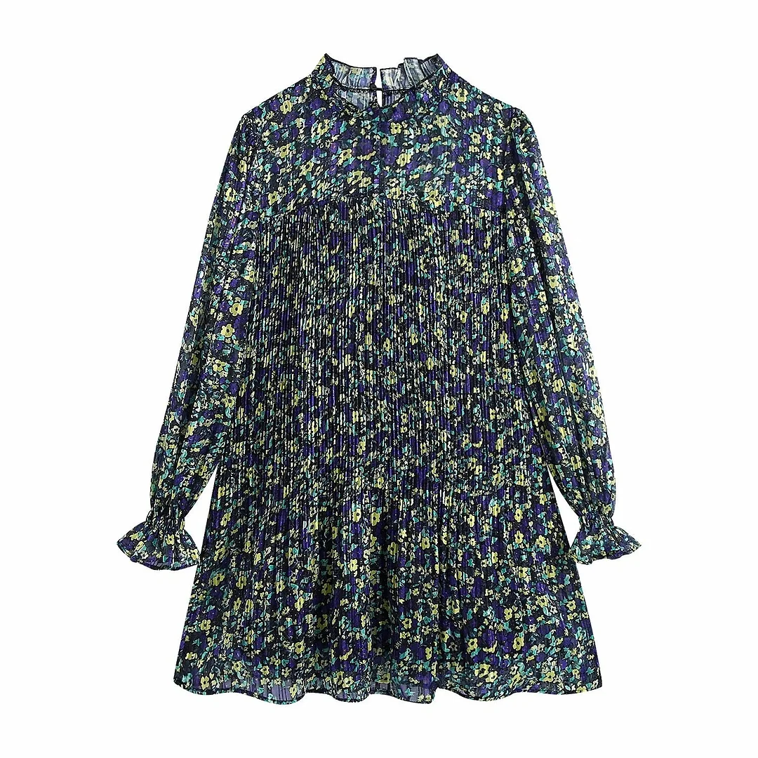 Za Women's Dresses Floral Printed Vestidos Mujer High Waist Femme Robe Long Sleeves Dress Mini Oversize Vintage Dress Casual trf