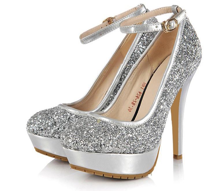 Silver Sparkly Heels Ankle Strap Glitter Shoes Platform Pumps |FSJ Shoes