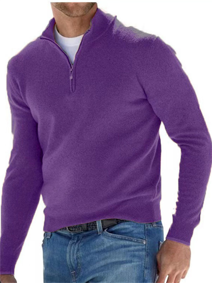 New Autumn Solid Color Long-sleeved V-neck Wool Fleece Zipper Men's Casual Tops Polo Shirt Loose Type Sweater