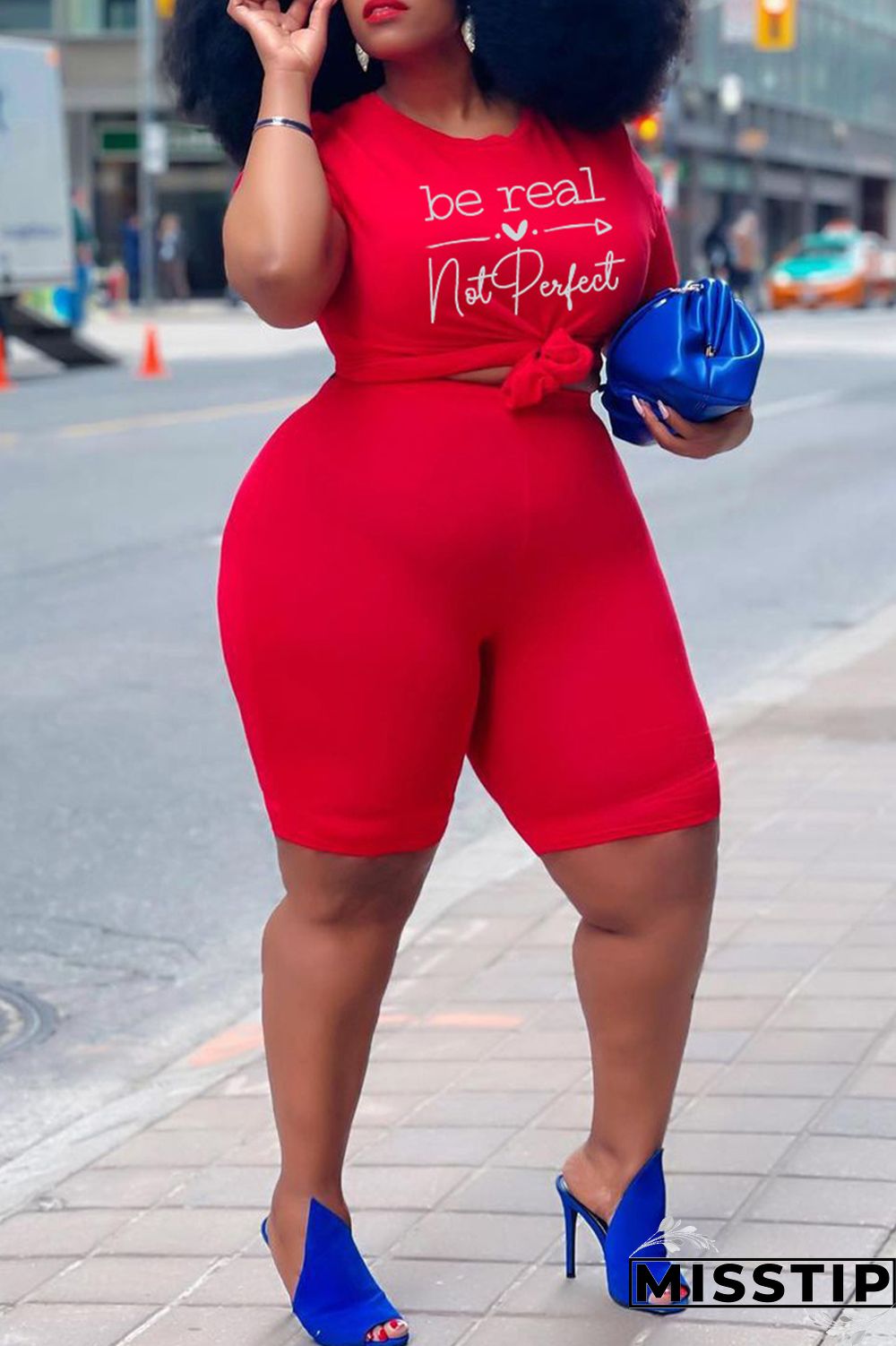 Red Fashion Casual Print Basic O Neck Plus Size Two Pieces