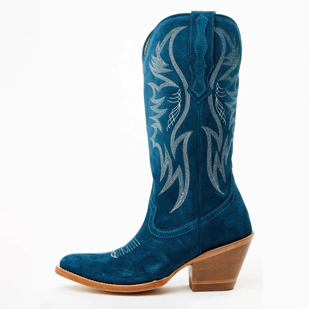 Teal Vegan Suede Almond Toe Chunky Heel Embroidered Cowgirl Boots