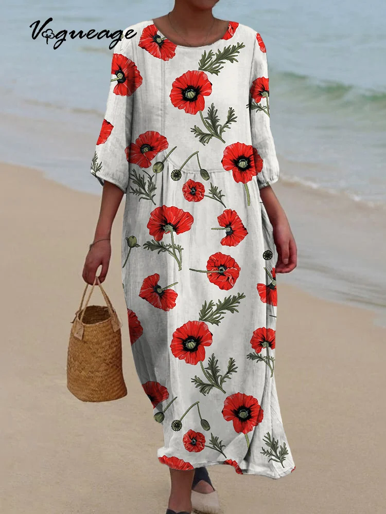 Gentle And Generous Flowers Printed Women's Casual Cotton And Linen Dress