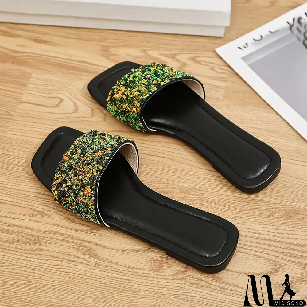 MidiSono - Plus Size Soft Sole Slippers Women Summer Outdoor Wear Flat Sequined Flip Flop Square Toe Flat Sandals and Slippers