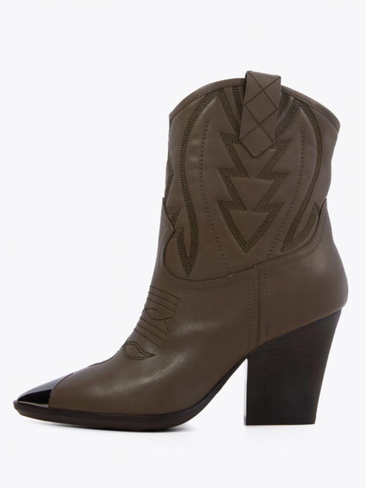 Stitch Metal Pointed Toe Chunky Slanted Heel Western Ankle Boots