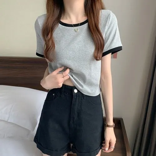 Uveng Uveng Color Round Collar Short-Sleeved T-Shirt Female 2024 New Summer Bottom Shirt Korean Version Slim Short Student Top Tide