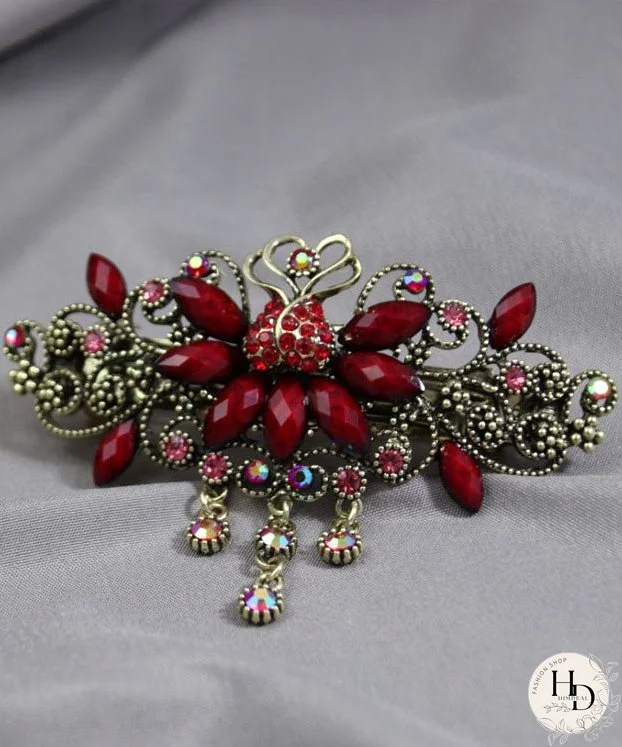 Women Red Alloy Inlaid Gem Stone Butterfly Zircon Hairpin