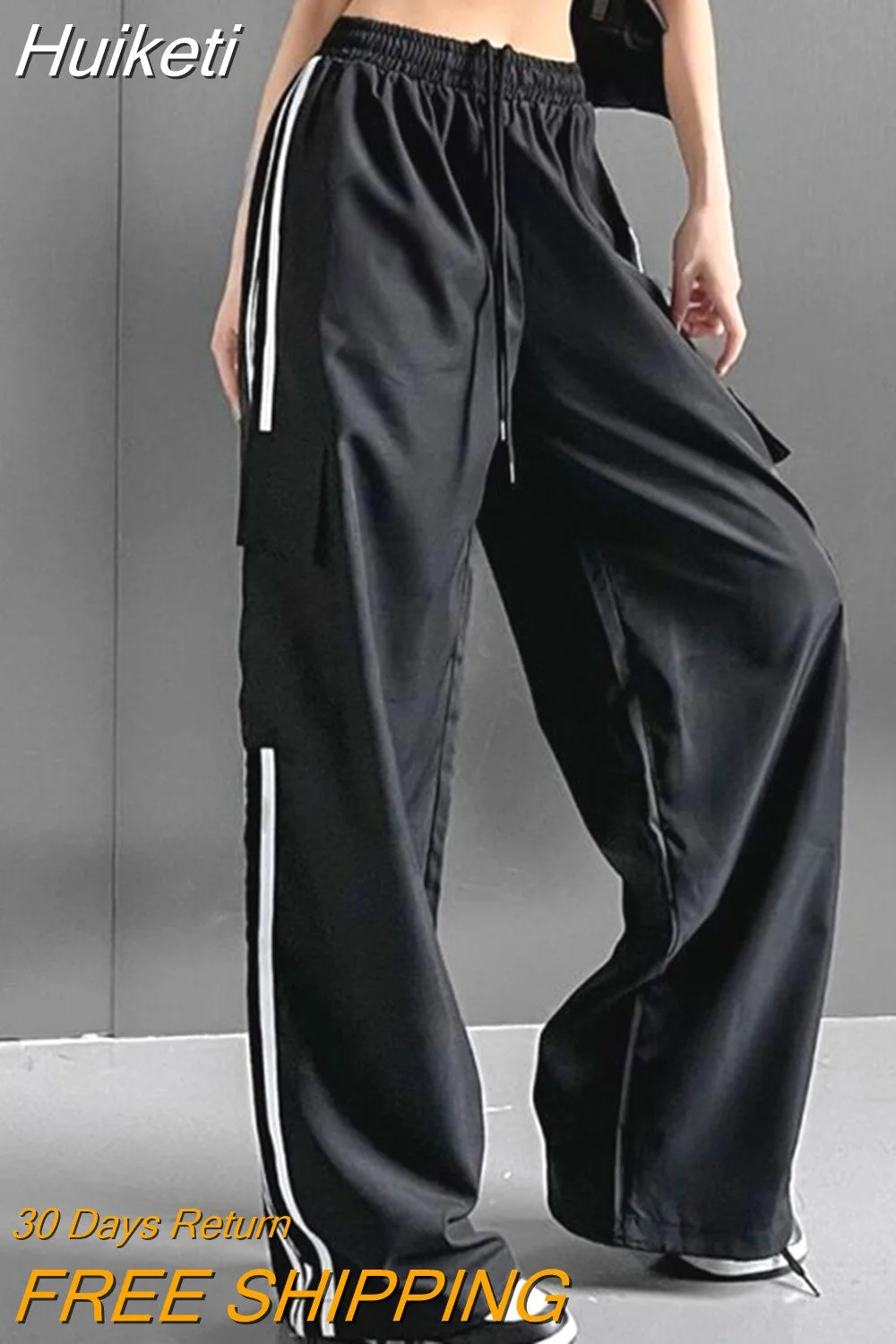 Huiketi Striped Patchwork Women Cargo Pants American Style Fashion Streetwear Loose Wide Leg Pants Y2K Female Hip Hop Sweatpants