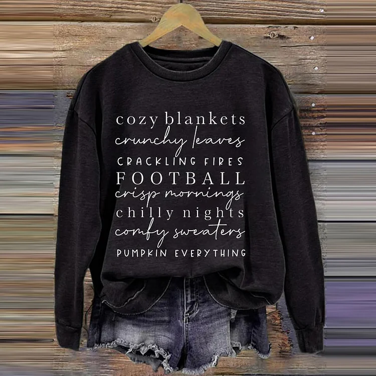 VChics Cozy Blankets Crunchy Leaves Crackling Fires Football Print Crew Neck Long Sleeve Sweatshirt
