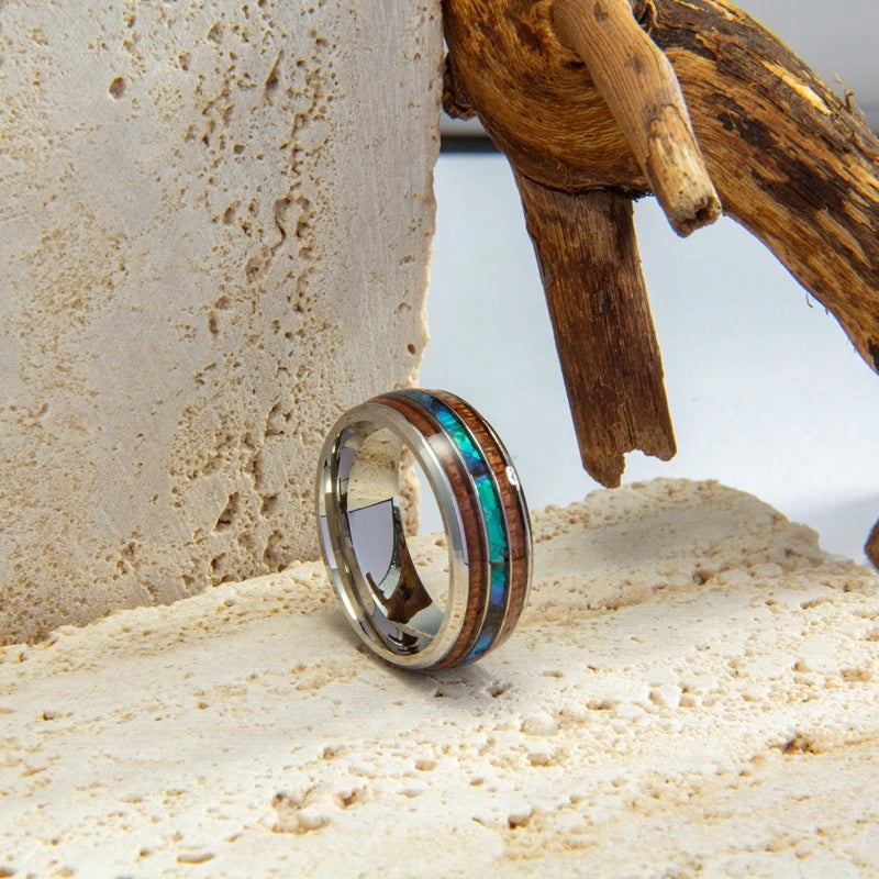 High-end Trendy Men's Fashion Domineering Titanium Steel Men's Shell Wood Ring Korean Style Men's Ring Delivery Supply