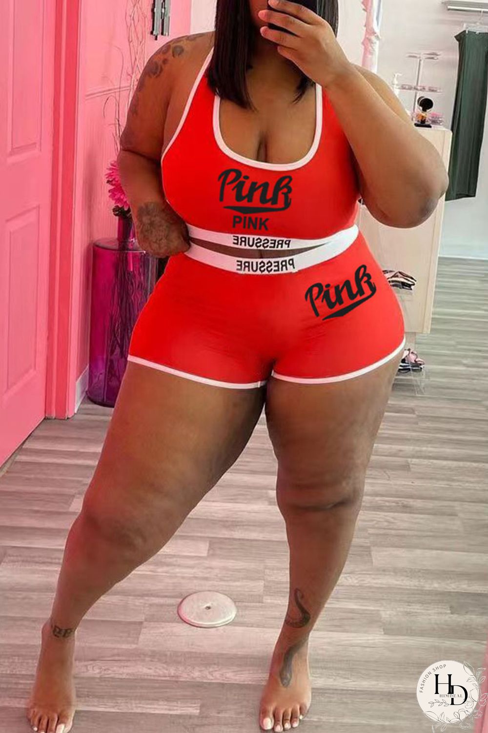 Blue Casual Letter Print Patchwork Spaghetti Strap Plus Size Two Pieces