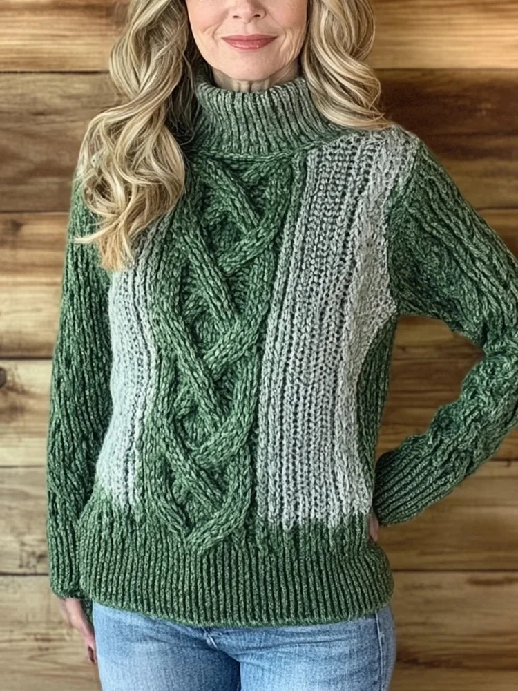 Classic Celtic Jacquard Contrast Color Cozy Turtleneck Sweater