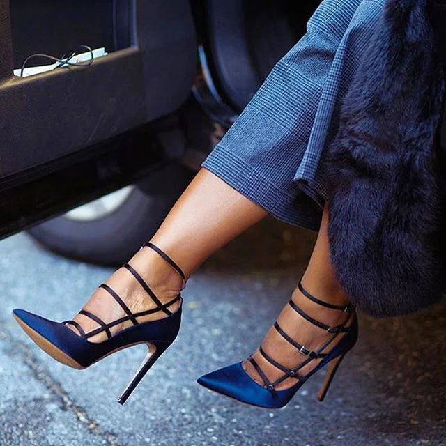 Navy Blue Satin Pumps Pointed Toe High Heels Shoes with Buckles |FSJ Shoes
