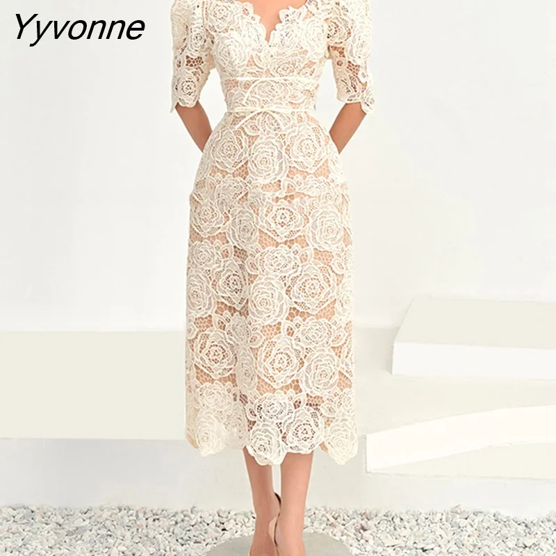 Yyvonne Spring Summer Short Sleeve Floral Lace Dress Women Elegant V-neck Slim Waist Ladies Package Hip Dress OL Vestidos