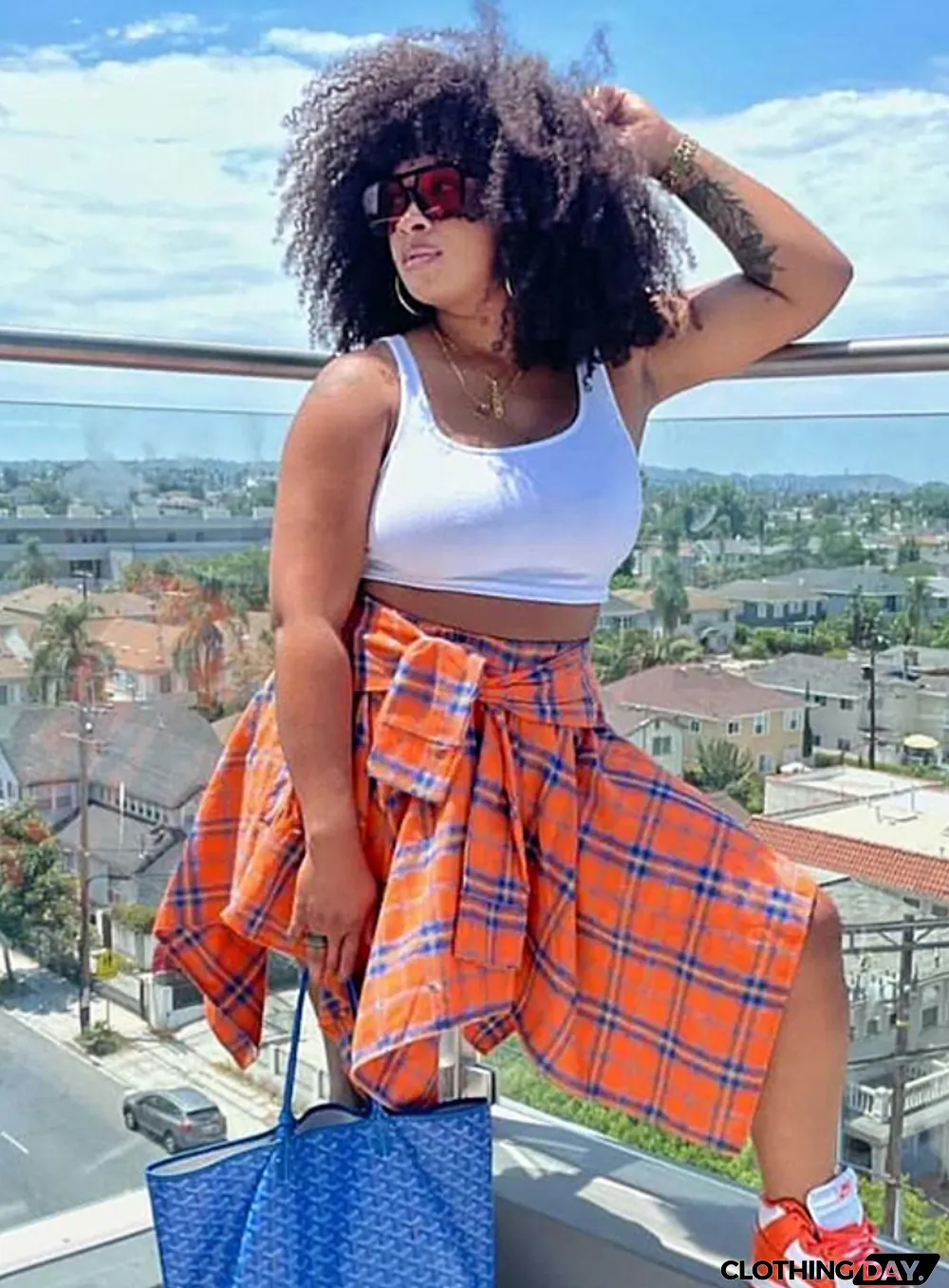 Women Summer Orange Preppy Style High Waist Plaid Print Belted Midi Asymmetrical Skirts