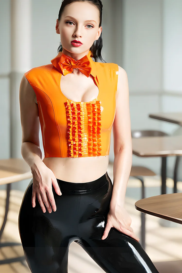 Women Latex Tops Keyhole Ruffle Frills & Neck Bow Orange Top