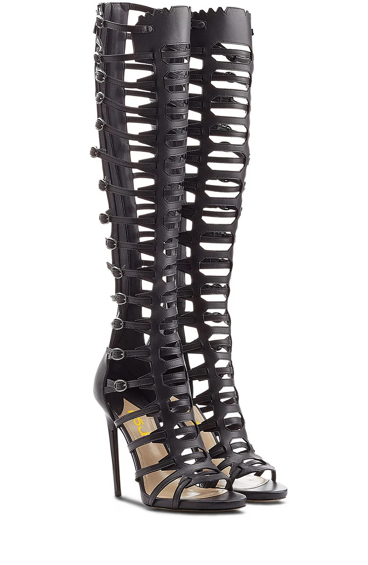 Black Gladiator Strappy High Heels Stiletto Sexy Peep Toe Cut Sandals Shoes
