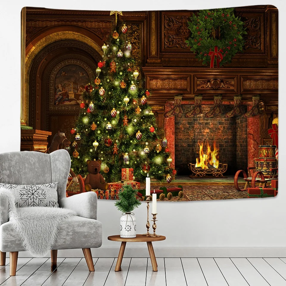 Christmas Tapestry Christmas Tree And Fireplace Warm Family Wall Hanging Backdrop Home Room Decoration Gift