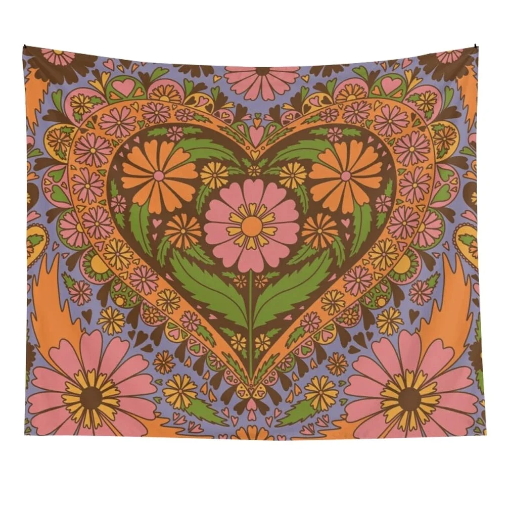 Vintage Nordic psychedelic hanging fabric background wall90S Floral Heart Wall blanket tapestry bedroom wall hanging Floral