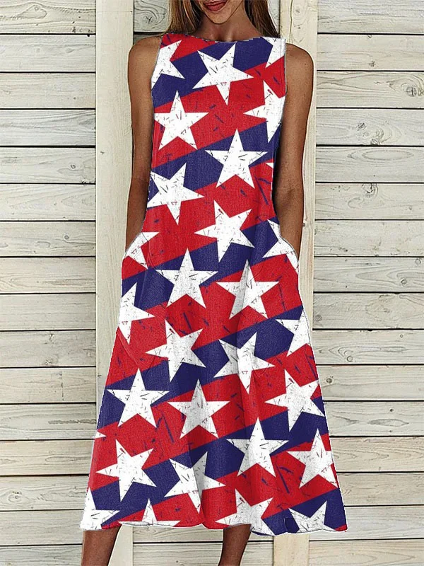Women's Independence Day Themed American Flag Star Element Print Pocket Dress