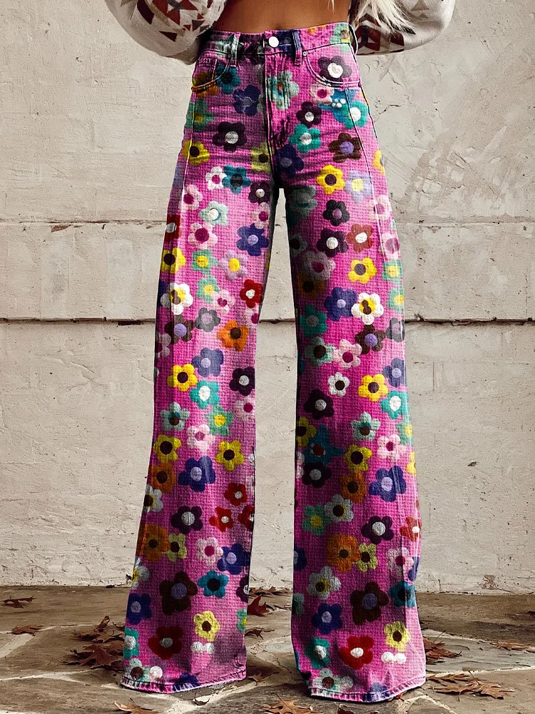 Women's Vintage Flower Print Casual Wide Leg Pants