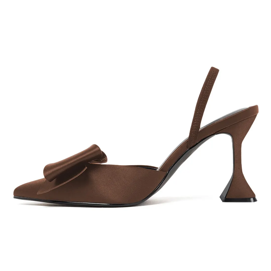 Brown Satin Pointed Toe Flared Heel Slingback Pumps with Bow