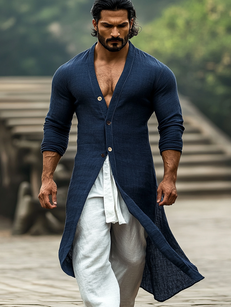 Men's Vintage Casual Navy Linen Hooded Long Sleeve Cardigan