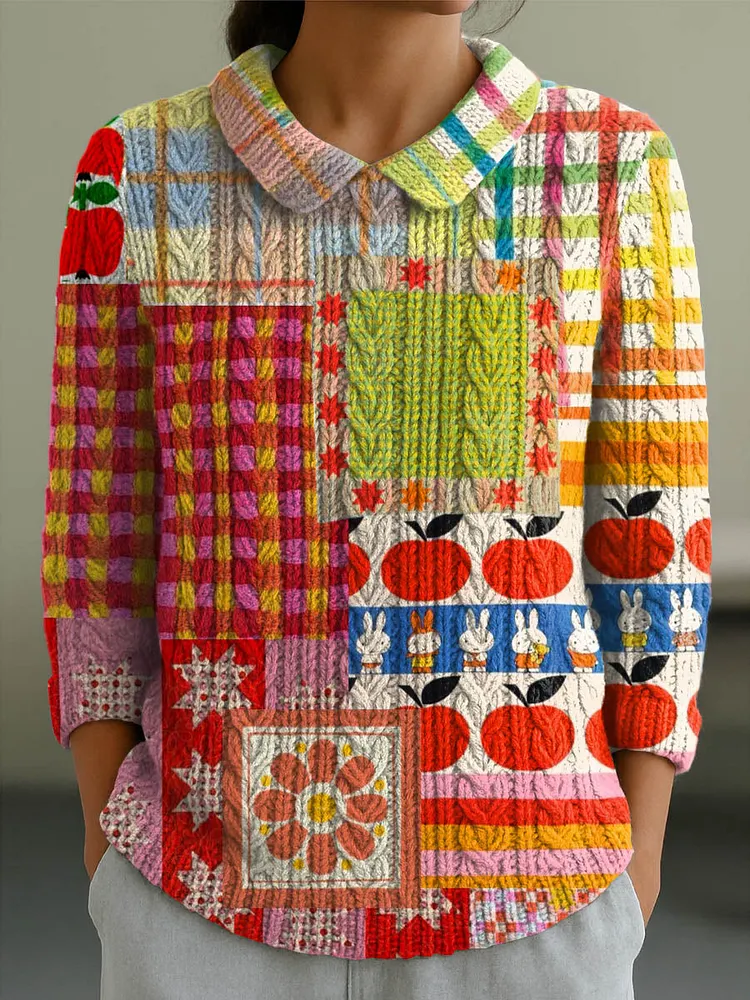 Women's Vintage Patchwork Pattern Art Print Casual Peter Pan Collar 3/4 Sleeve Sweater