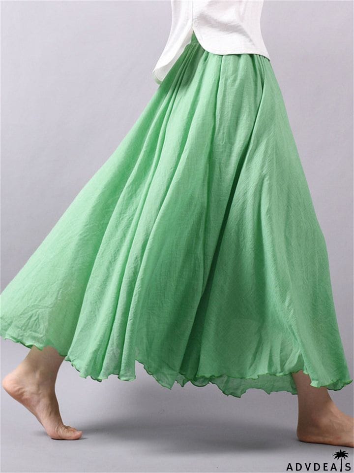 Women's Elastic Waist Pleated Maxi Linen Skirts