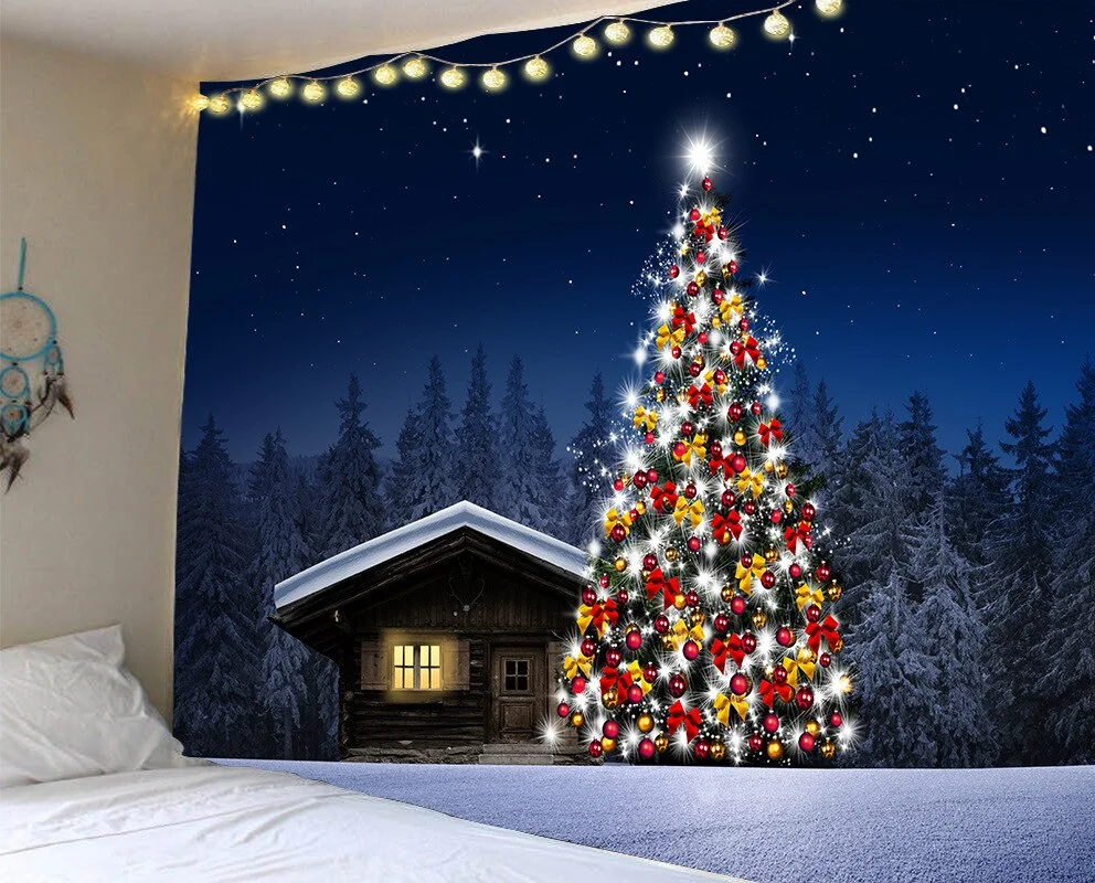 Christmas Tree Fireplace Warm Family Wall Hanging Backdrop Home Room Decoration Gift Tapestry