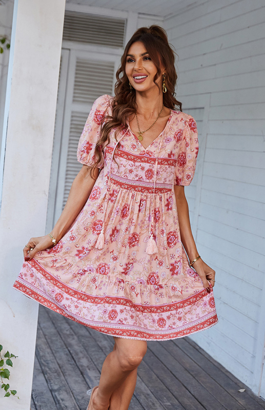 Mature Women Spring And Summer Casual Floral Print Puff Sleeve Bohemian Dress