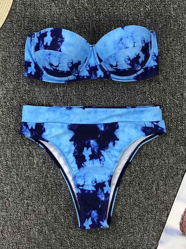 Tie-Dyed Underwired Bandeau Split Bikini Swimsuit