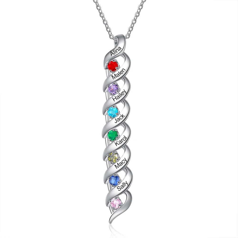 925 Sterling Silber Personalisierte 7 Namen DNA Halskette mit 7 Geburtssteinen n7-b7 Kettenmachen