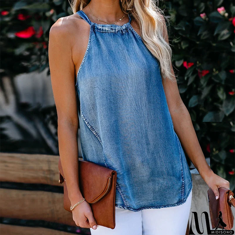 MidiSono - Solid Color Halterneck Sexy Denim Vest Shirt Top