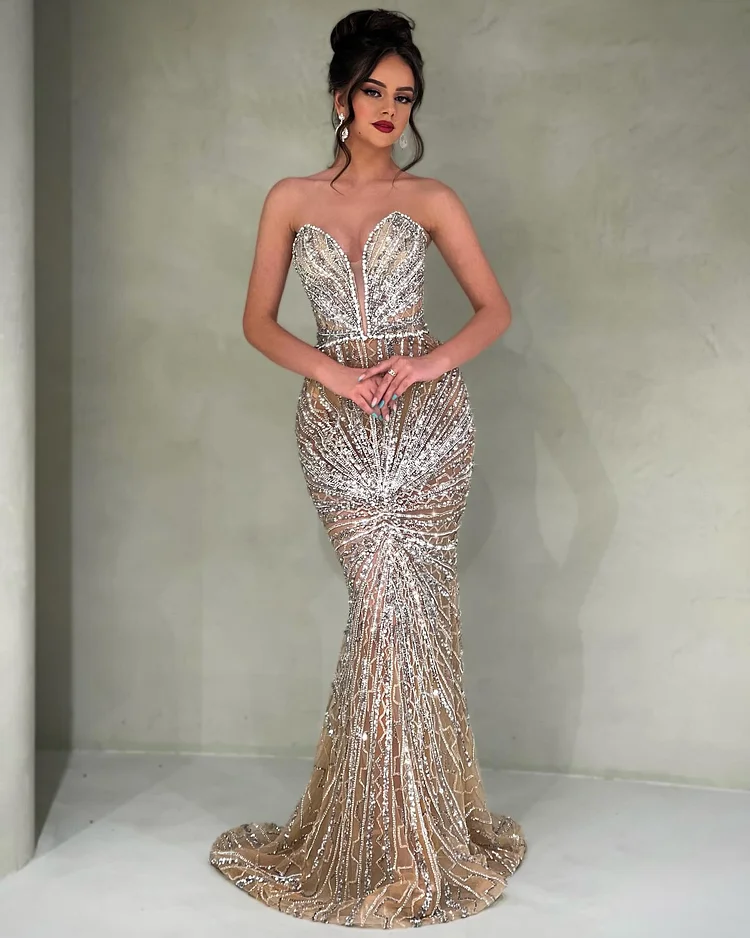 Hellodresses Chic Champagne Strapless Sleeveless Mermaid Long Prom Dress with Beadings