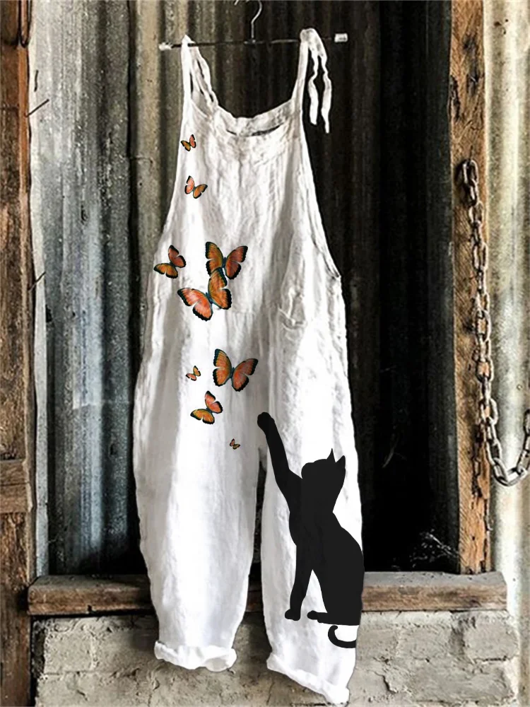 Cat & Butterflies Art Graphic Loose Fit Jumpsuit