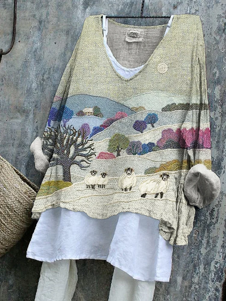 Field & Sheep Pattern V-Neck Linen Loose Shirt