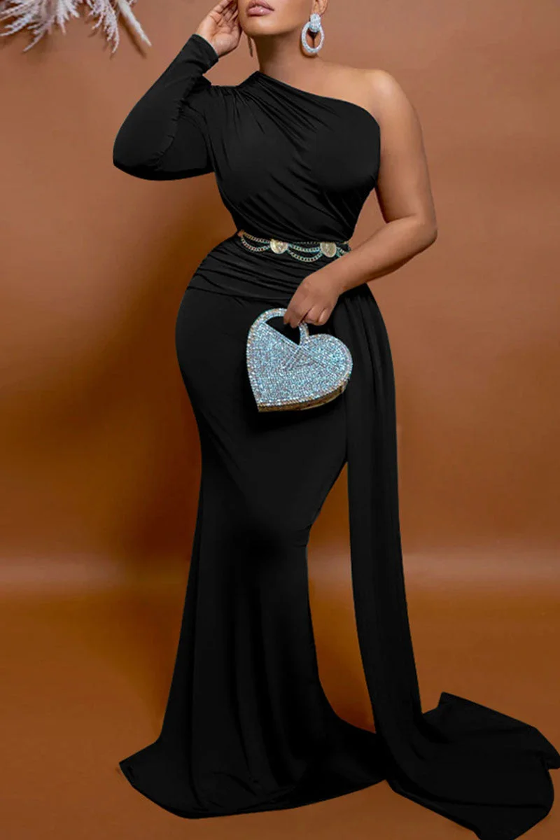 Elegant Solid Sequins Oblique Collar A Line Dresses main image 0