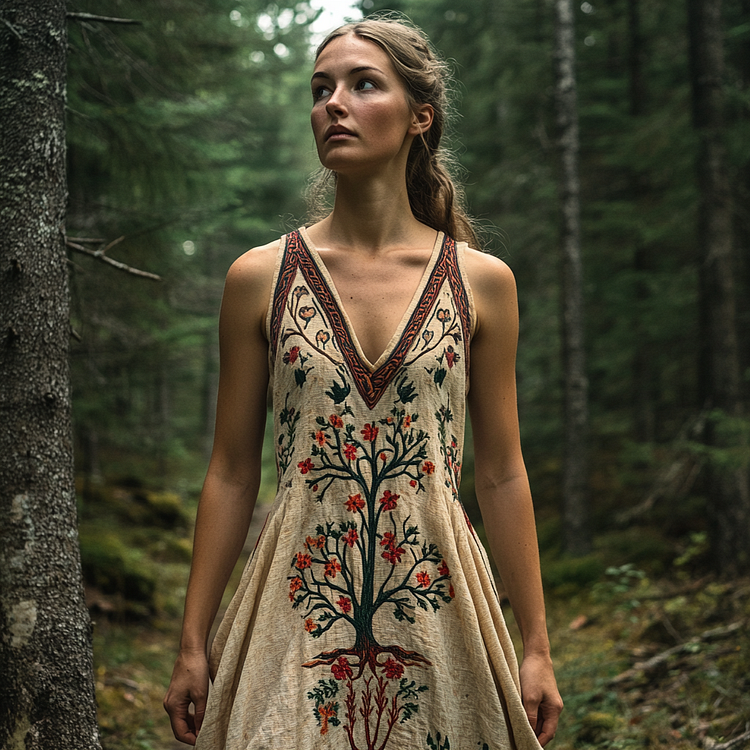 Simpfit Damenkleid aus Nachahmung aus Baumwolle und Leinen mit Wikinger-Lebensbaum und Blumenmuster