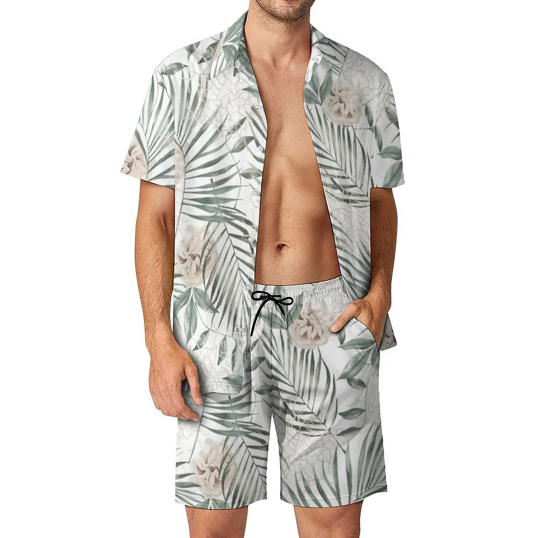 Tropical Watercolor Leaves Flowers Men Hawaiian Button Down 2 Piece Shirt Shorts Set Beach Tropical Hawaii Suits